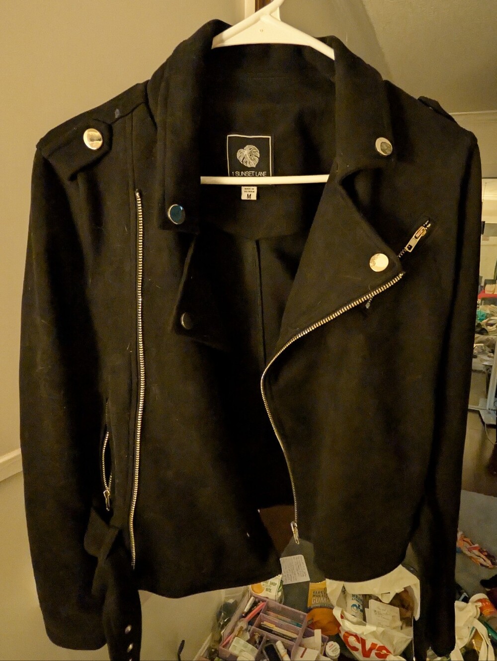 Black Faux Suede Moto Jacket Asymmetrical Zip Silver Hardware